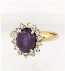 18K 3.45g Yellow Gold Amethyst Diamond Halo Dainty Simple Classic Ring Size-6.75